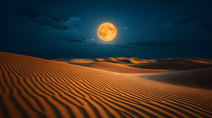 Wall Mural - Desert Night under the Full Moon: A breathtaking view of a desert landscape under a bright, full moon. The golden moon casts an ethereal glow, painting the sand dunes in shades of gold.