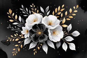 Poster - Elegant Black and White Watercolor Floral Invitation Design with Gold Accents