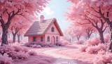 A whimsical and dreamy scene featuring a charming, pink cottage nestled amidst a vibrant, stylized sakura forest.