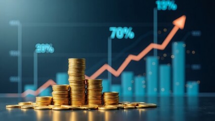 Aufkleber - stack of gold coins with a graph indicating financial growth and a rising arrow