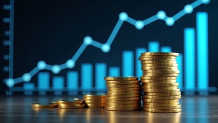 Aufkleber - Golden coins stacked in ascending order in front of a growing financial graph, symbolizing financial growth and success