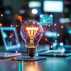 Poster - A glowing light bulb surrounded by technological devices, emphasizing the digital age of creativity