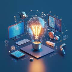 Poster - A glowing light bulb surrounded by technological devices, emphasizing the digital age of creativity