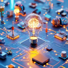 Poster - A glowing light bulb surrounded by technological devices, emphasizing the digital age of creativity
