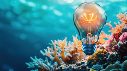 Poster - A glowing light bulb underwater surrounded by coral, showcasing marine creativity