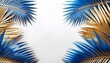 © Arden - palm leaves of blue and gold colors on white background with copy space in the middle