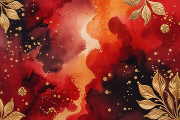 Poster - Vibrant Watercolor Background in Fiery Red and Elegant Gold Accents