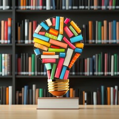 Poster - A library with books forming the shape of a light bulb, symbolizing knowledge-driven innovation
