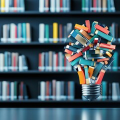 Poster - A library with books forming the shape of a light bulb, symbolizing knowledge-driven innovation