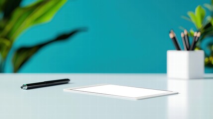 Poster - Modern desk setup featuring a stylish pen and tablet in a bright and organized workspace