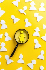 Poster - Yellow figure, magnifying glass, individuality, white icons, focus on concept uniqueness.