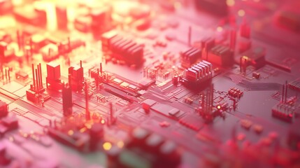 Poster - Close-up view of abstract circuit board a futuristic city with Red orange hues dominate vibrant for innovation technology electronic digital network data modern concept.