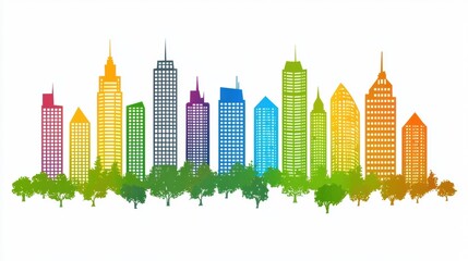 Poster - Colorful cityscape with abstract buildings surrounded by vibrant trees.