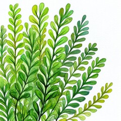Poster - Watercolor, lush green leaves cascade, serene botanical display on white background.