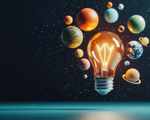 Poster - A light bulb surrounded by stars and planets, symbolizing space-inspired creativity