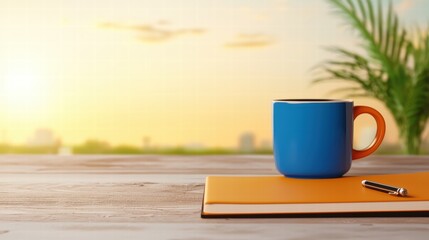 Poster - Elegant cup and pen placed on a wooden table with soft lighting creating a cozy working space