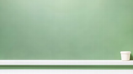 Poster - Lush green wall background featuring a minimalist white table with a stylish cup on top
