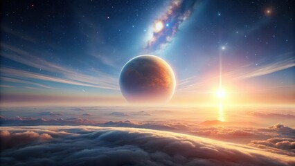 Wall Mural - A Celestial Body Hovers Above a Dreamlike Landscape of Clouds and a Radiant Sunrise, Featuring a Starry Sky and a Galaxy in the Background