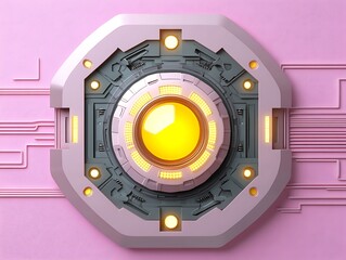 Poster - Futuristic octagonal device with central glowing orb on pink background