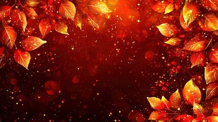 Poster - Bold red background featuring a delightful display of various leaves in rich autumn hues
