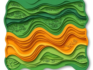 Poster - Stylized Paper Cut Landscape Illustration with Terrain, Green, and Orange