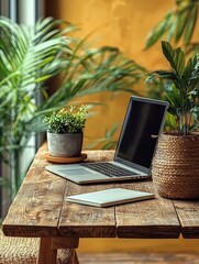 Poster - Modern laptop and fresh green plant on a desk creating a productive workspace environment