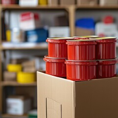 Poster - Box containing three red cups arranged neatly with a focus on color and simplicity in design