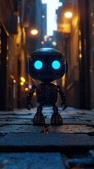 Poster - Robot standing on a city street with urban landscape highlighting technological advancements in society