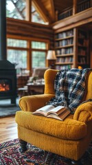 Poster - Cozy living room featuring a comfortable chair and an open book on a side table for relaxation