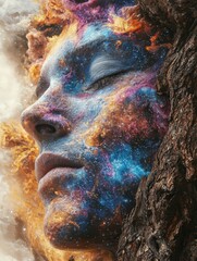 Poster - Stunning woman's face with a cosmic nebula in the background representing beauty and the universe
