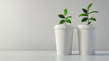 Poster - Elegant arrangement of two white vases displaying fresh green plants in a bright interior setting
