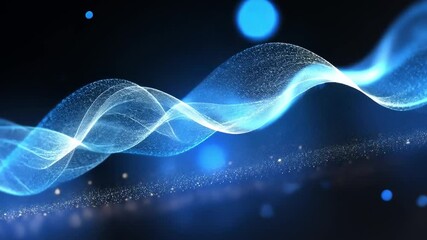 Poster - Dynamic Abstract Blue Wave with Glowing Particles Futuristic Background Representing Sound, Light, and Energy in Motion with Sparkling Visual Effects