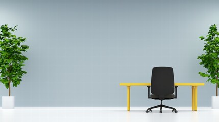 Poster - A desk with a chair and a small green plant on top creating a fresh and inviting workspace