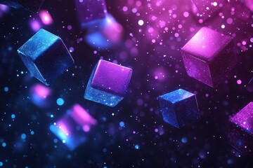 Poster - Glittering purple and blue cubes float, bokeh background. Ideal for tech, abstract, or futuristic designs, evokes innovation and energy.