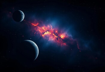 Wall Mural - dark cosmic background with planets and glowing nebula, ample copy space, empty space, stars