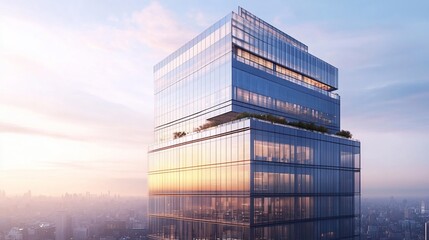 Poster - Modern glass skyscraper at sunset with reflections and city skyline in background