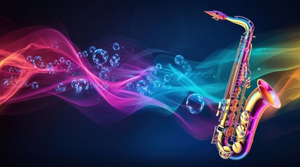 Poster - A saxophone emitting colorful sound waves that turn into hydrogen bubbles.
