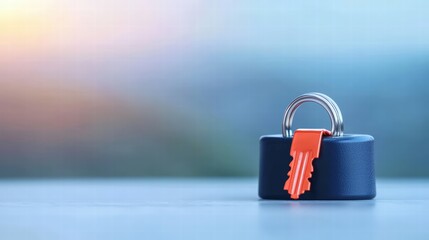 Poster - Secure padlock accompanied by a key to illustrate themes of security and protection in life