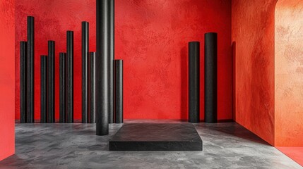 Poster - Stylish room with bold red wall creating a dramatic atmosphere complemented by contemporary decor