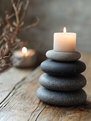 Poster - Simple candle surrounded by smooth rocks creating a calm and relaxing atmosphere in natural light