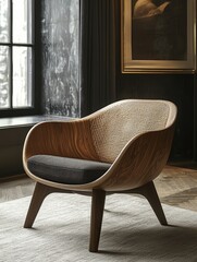 Poster - Modern chair standing alone in a spacious room with soft light illuminating the surroundings