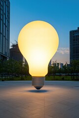 Poster - A street lamp shaped like a glowing light bulb, representing urban creativity