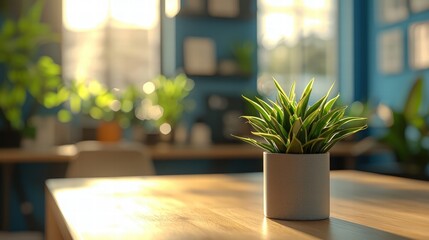 Poster - Vibrant green plant in a decorative pot placed on a bright surface enhancing indoor ambiance