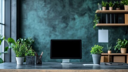 Poster - Contemporary desk featuring a computer and lush green plants creating a productive workspace vibe