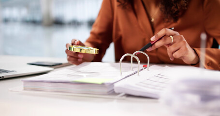 Poster - Audit And Fraud Investigation. Auditor Using Magnifying Glass