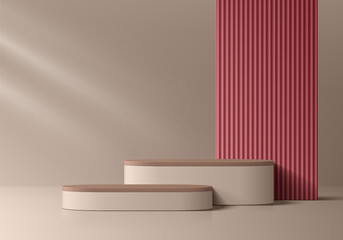 Sticker - beige 3d round podium background with red maroon backdrop. 3d studio wall scene. minimalist mockup p
