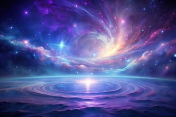 Wall Mural - A cosmic seascape unfolds, vibrant nebulae swirl above a tranquil alien ocean, bathed in the ethereal glow of distant stars and galaxies.