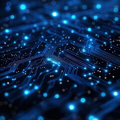 Poster - Circuit board with vibrant blue lights illuminating the electronic components for a modern feel