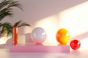 Aufkleber - Geometric composition of spheres cylinders and palm leaf on pink background in studio light