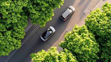 Aufkleber - Elevated perspective capturing two cars traveling on a street surrounded by lush green trees urban scene